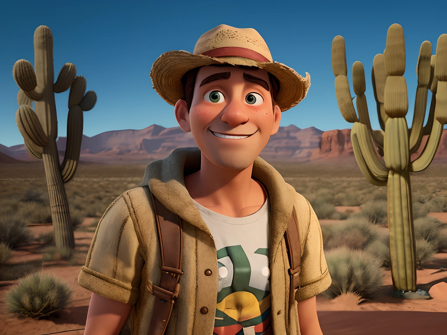 Man in hat and jacket standing in front of a cactus, pixar renderman ...