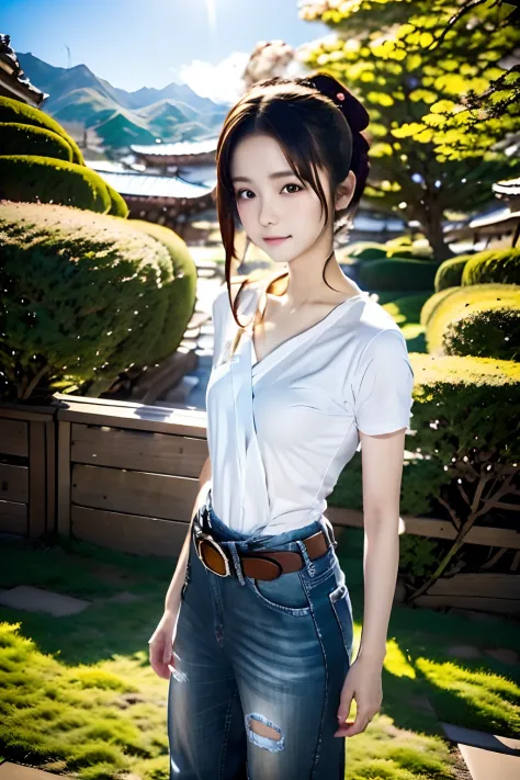 hight resolution、 One beautiful 14 year old girl、 (Soft Saturation:1.3)、(light skinned:1.2)、 (hyper detailed background、细致背景)、bokeh dof、14years、teens girl、tshirts、Old Denim、buckles、a belt、Stylish dressing、When viewed from the front、The composition is symme...