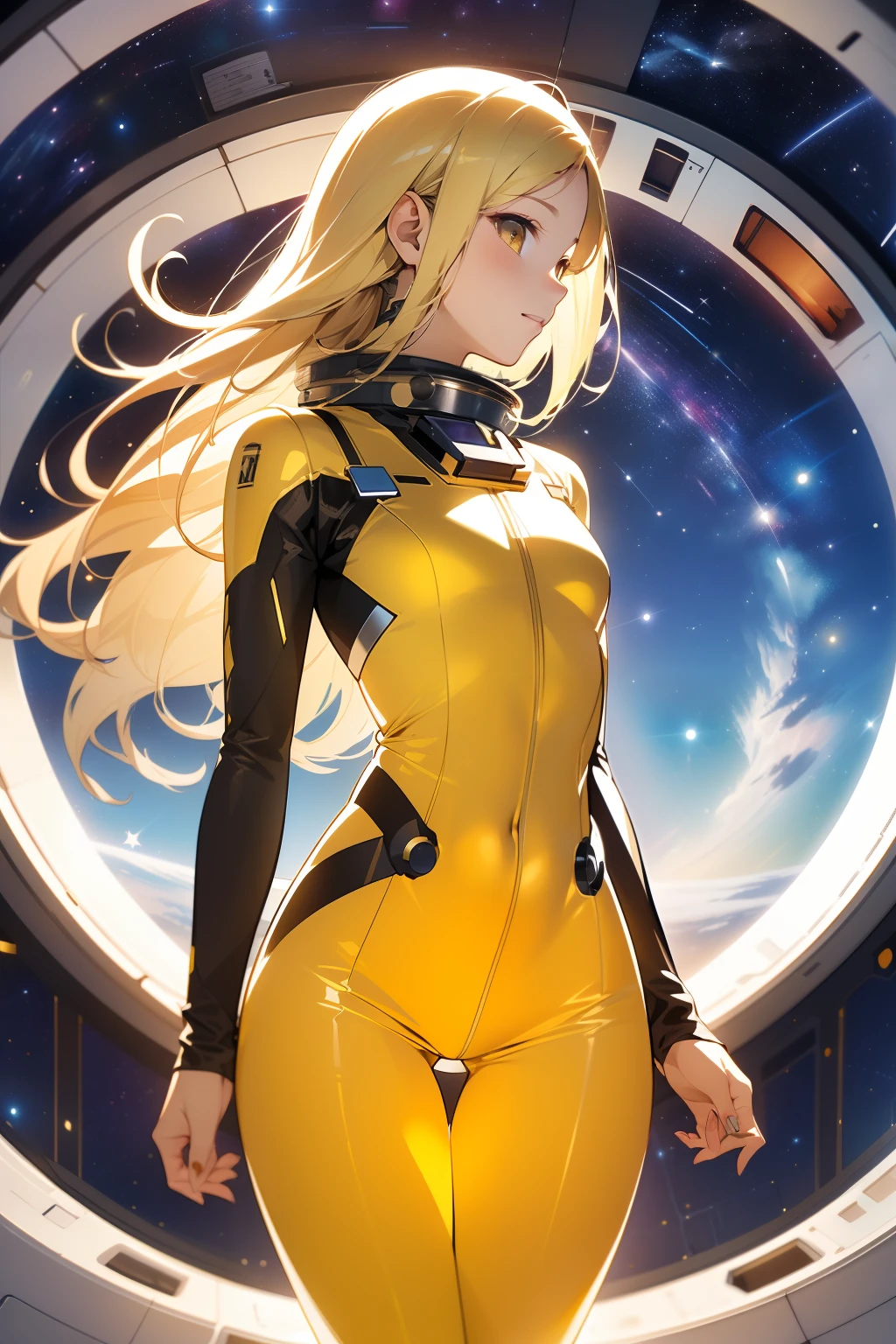 (masterpiece, best quality:1.2), solo, 1girl, mori yuki, slight smile, closed mouth, side view, looking at viewer, blonde hair, long hair, thigh gap, yellow bodysuit, skin-tight, yellow bodysuit, perfect body, large window, (starship porthole:1.3), (spread legs:1.3), (standing:1.1), thigh gap, sensual pose, sideview, perfect hands, bright starship interior, (outer space view:1.1), (orbital view:1.3), (night, stary sky:1.5), milky way