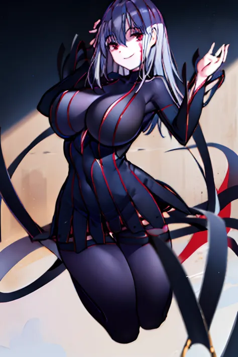 Black full body suit　Black stockings　Red lines all over the body　huge tit　Big ass　Whip thighs　seductiv　a smile　succubus