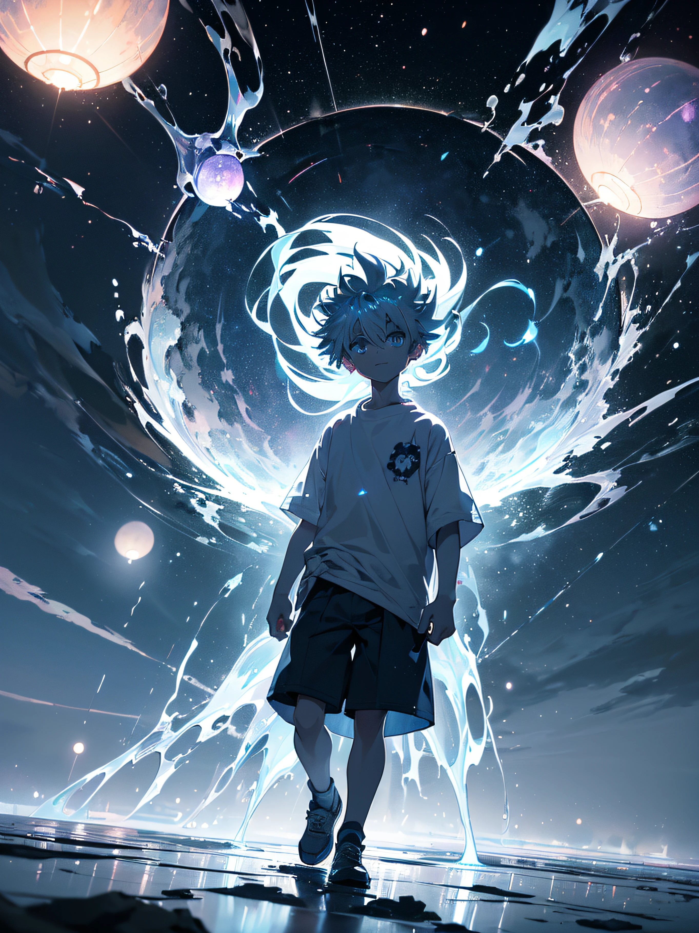 Anime boy standing in front of a giant blue object - SeaArt AI