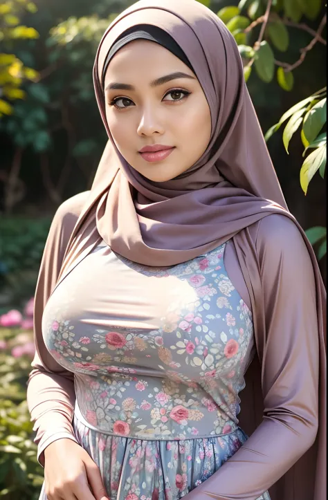 RAW, Best quality, high resolution, masterpiece: 1.3), beautiful Malay woman in hijab,Masterpiece, perfect slim fit body, (Huge breasts), big gorgeous eyes, Soft smile, Delicate turtleneck print sun dress, necklace, shairband, afternoon walk, City garden, ...
