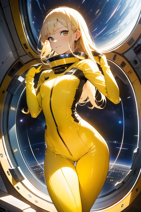 (masterpiece, best quality:1.2), solo, 1girl, mori yuki, slight smile, closed mouth, side view, looking at viewer, blonde hair, long hair, thigh gap, yellow bodysuit, skin-tight, yellow bodysuit, perfect body, large window, (starship porthole:1.3), (spread...