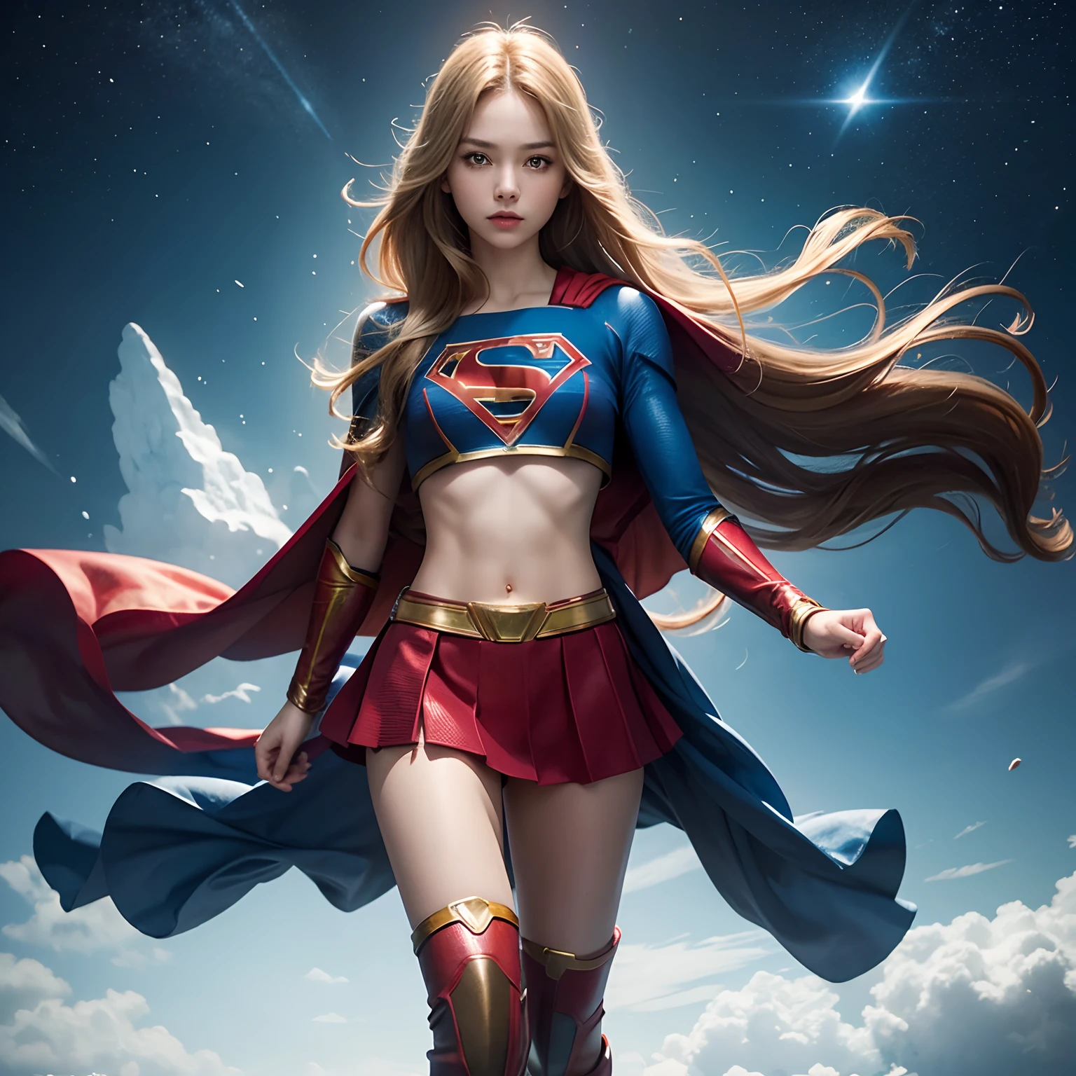 (1girl), solo,  long hair, full body, supergirl, crop top