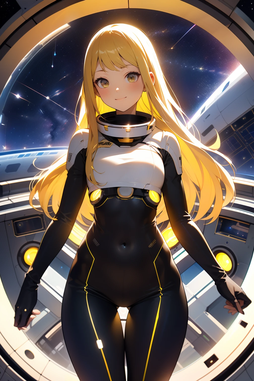 (masterpiece, best quality:1.2), solo, 1girl, mori yuki, slight smile, closed mouth, side view, looking at viewer, blonde hair, long hair, thigh gap, yellow bodysuit, skin-tight, yellow bodysuit, perfect body, large window, (starship porthole:1.3), (spread legs:1.3), (standing:1.1), thigh gap, sensual pose, sideview, perfect hands, view from the side, bright starship interior, (outer space view:1.1), (orbital view:1.3), (night, stary sky:1.5), milky way