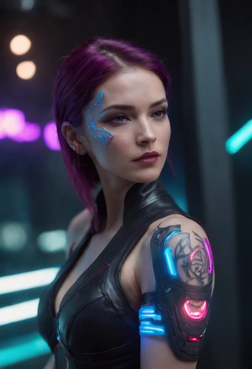 A woman with a tattoo on her arm and a neon light on her arm - SeaArt AI