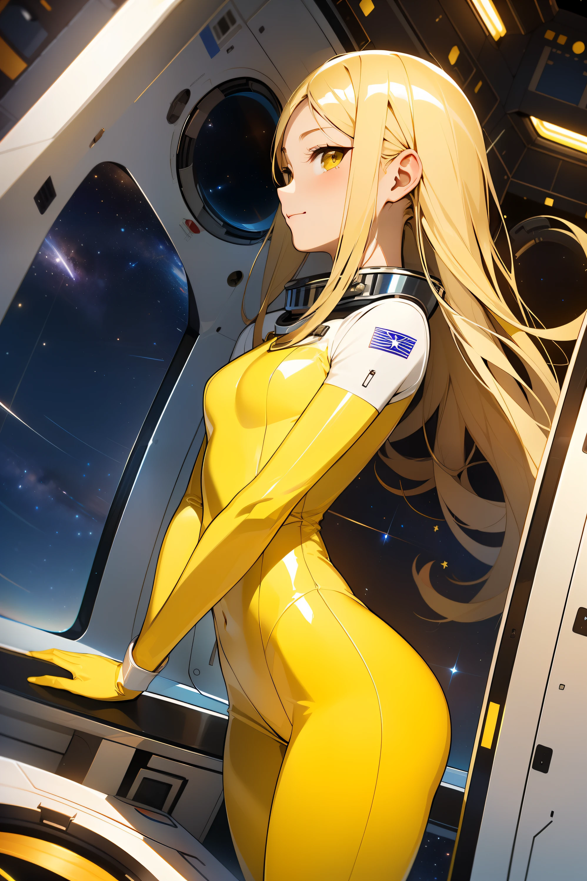 (masterpiece, best quality:1.2), solo, 1girl, mori yuki, slight smile, closed mouth, side view, looking at viewer, blonde hair, long hair, thigh gap, yellow bodysuit, yellow-gold, skin-tight, yellow bodysuit, perfect body, large window, (starship porthole:1.3), (spread legs:1.3), (standing:1.1), thigh gap, sensual pose, sideview, perfect hands, view from the side, bright starship interior, (outer space view:1.1), (orbital view:1.3), (night, stary sky:1.5), milky way