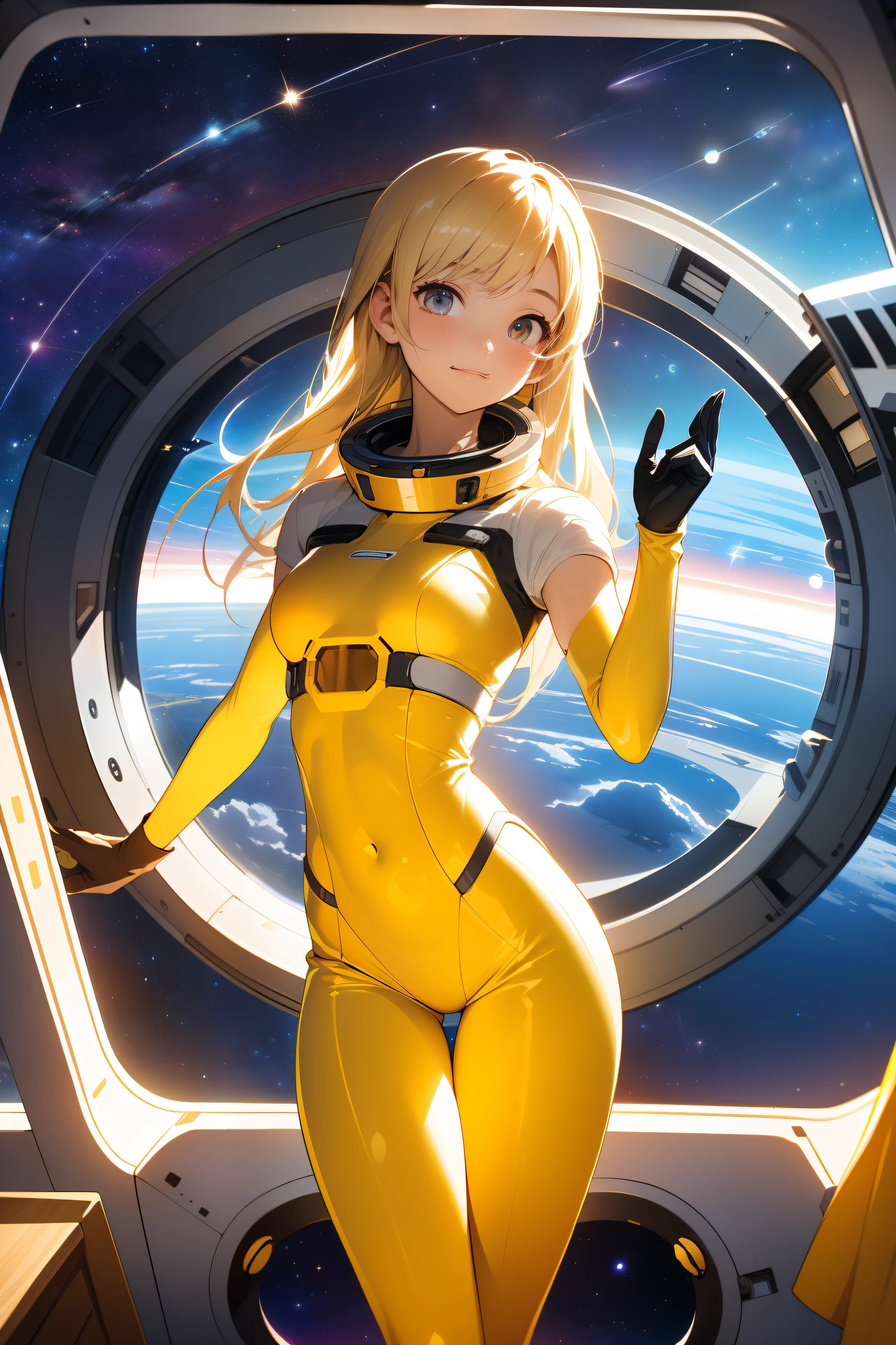 (masterpiece, best quality:1.2), solo, 1girl, mori yuki, slight smile, closed mouth, side view, looking at viewer, blonde hair, long hair, yellow bodysuit, skin-tight, perfect body, large window, (starship porthole:1.3), (spread legs:1.3), (standing:1.1), thigh gap, sensual pose, sideview, perfect hands, bright starship interior, (outer space view:1.1), (orbital view:1.3), (night, stary sky:1.5), milky way