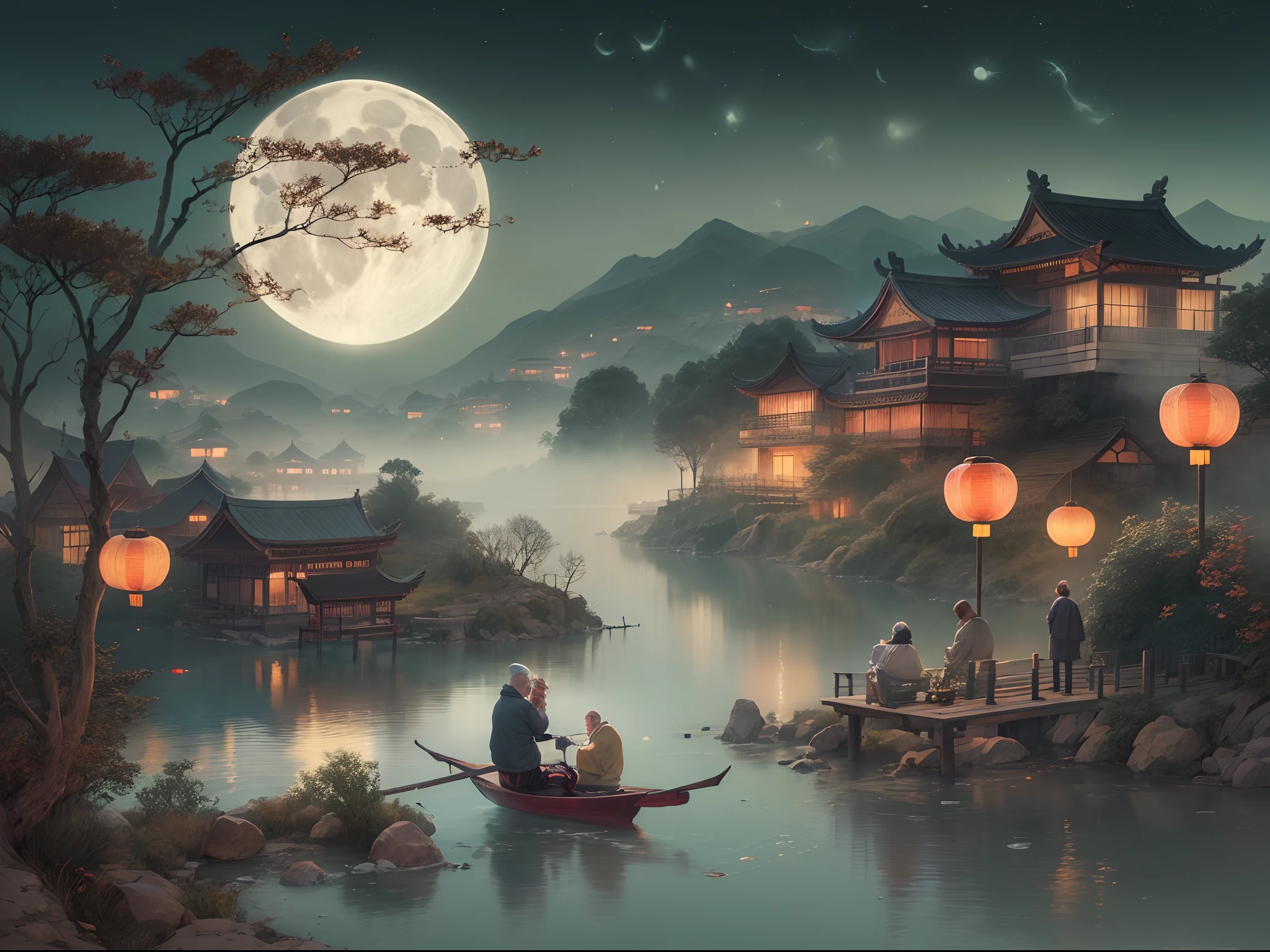 Moonlit landscape, Nostalgic memories, a old man, Dreamlike atmosphere, Aesthetic, The essence of poetry, Inspiration for poets, Mid-Autumn Festival, Chinese culture