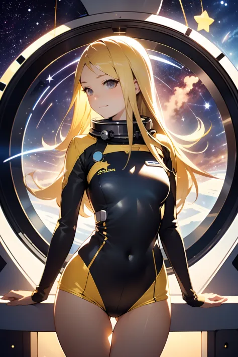 (masterpiece, best quality:1.2), (cowboy shot:1.1), solo, 1girl, mori yuki, slight smile, closed mouth, side view, looking at viewer, blonde hair, long hair, thigh gap, yellow bodysuit, skin-tight, perfect body, large window, (starship porthole:1.3), (spre...
