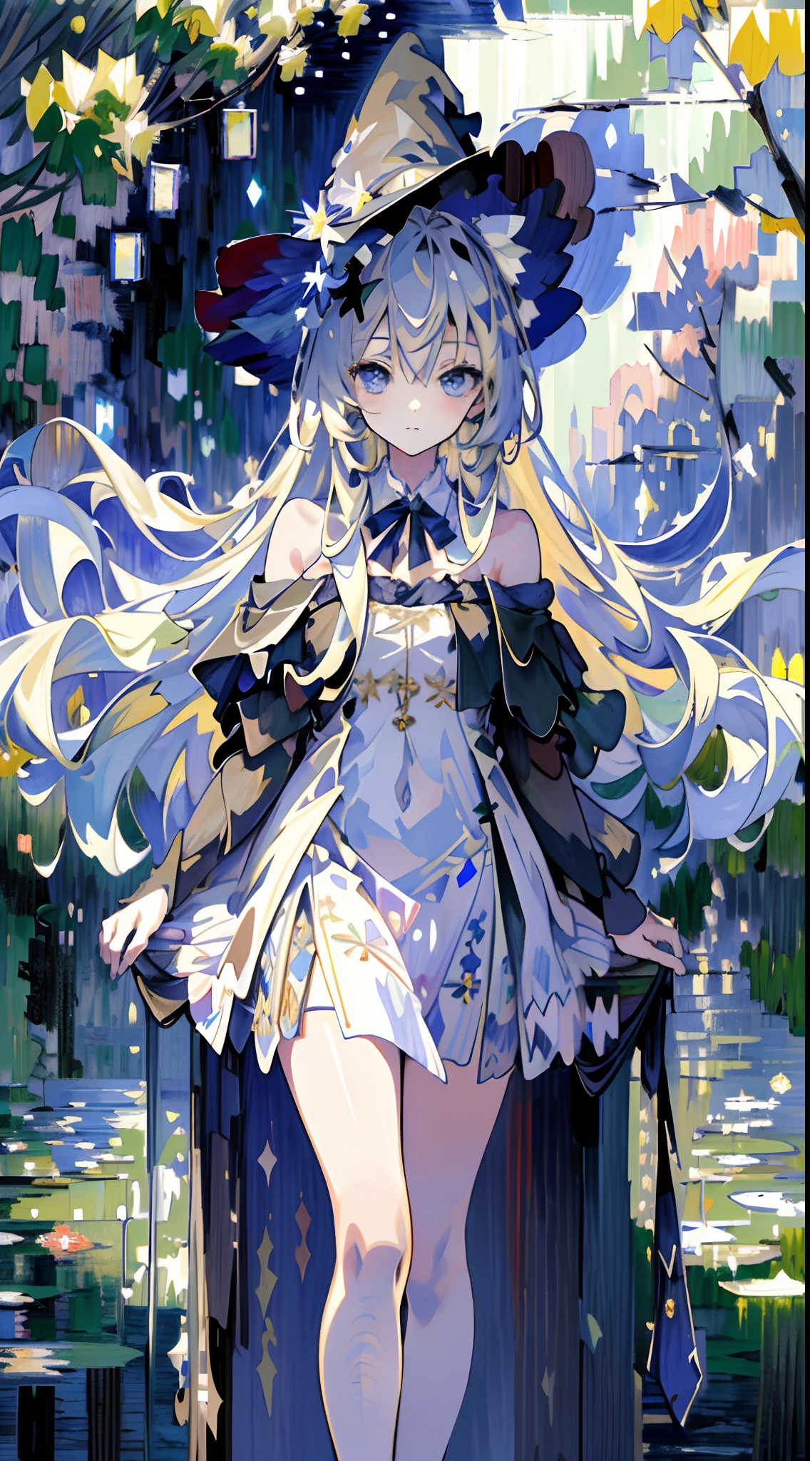 ((Masterpiece:1.2, Best quality)), 1girll, Solo, (Witch hat), Blonde hair, Long hair, dress, Bare shoulders，show legs，Open navel，aurora, Night, Star (sky), mitts, sky, White dress, Night sky, Starry sky, Blue eyes, ribbon, Night, (Impressionism:1.4), (tarot:1.3), Alphonse Mucha,