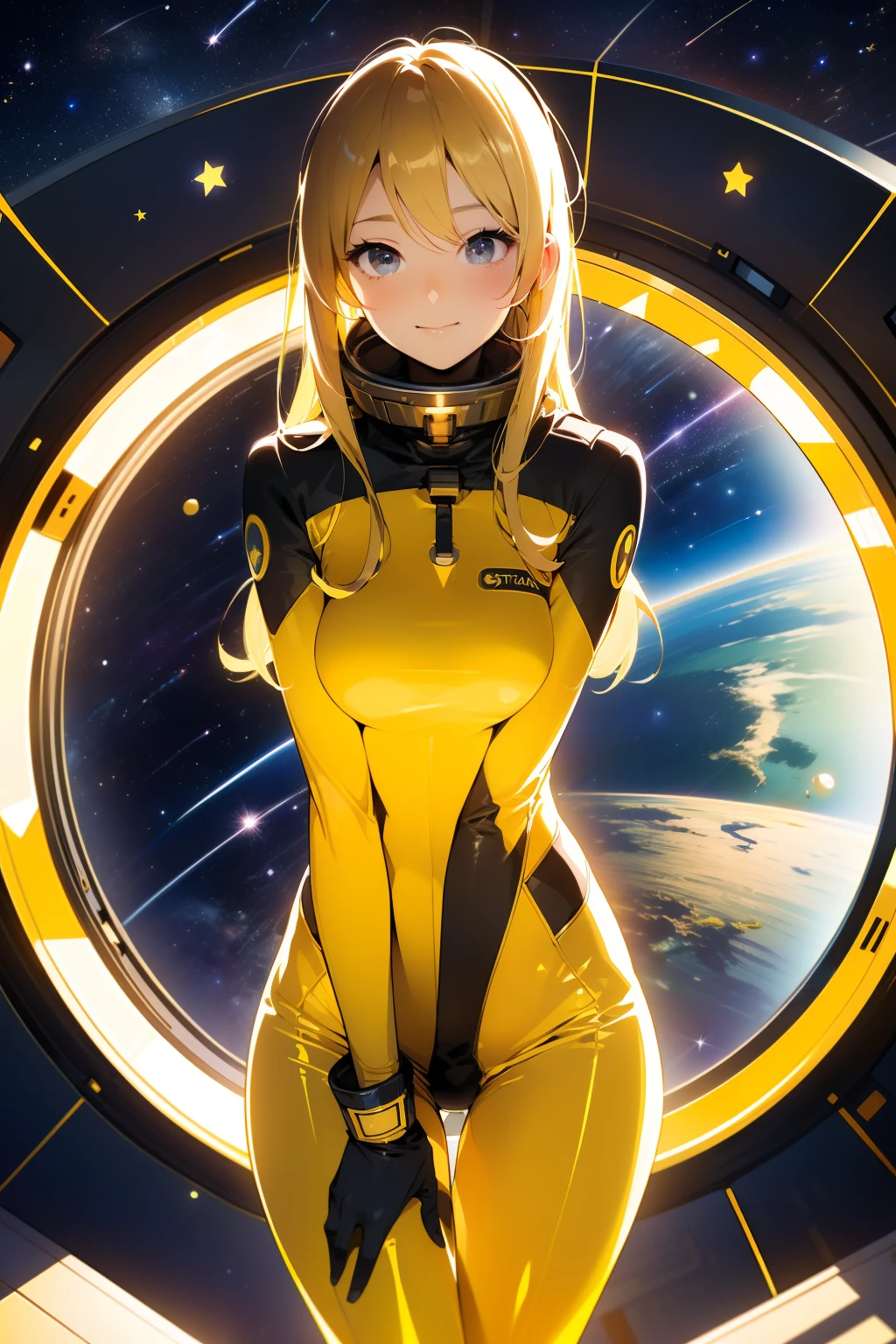 (masterpiece, best quality:1.2), (cowboy shot:1.1), solo, 1girl, mori yuki, slight smile, closed mouth, looking at viewer, blonde hair, thigh gap, yellow bodysuit, skin-tight, yellow gold, side view, perfect body, large window, (starship porthole:1.3), from front, (spread legs:1.3), (standing:1.1), thigh gap, perfect hands, bright starship interior, (outer space view:1.1), (orbital view:1.3), (night, stary sky:1.5), milky way