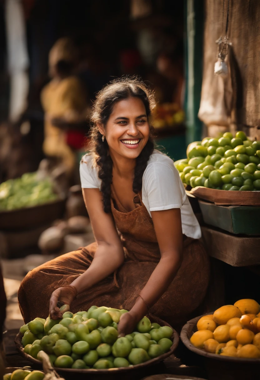 Foto fotorrealista da jovem mulher do gengibre perguntando no mercado velho i Tailand, sorriso suave, Arte por Midjorney, Luminismo, Sombra intrincada final - contraste de luz, Obra-prima premiada do IPA, artistic lens, Cores quentes, arte por Tim Burton