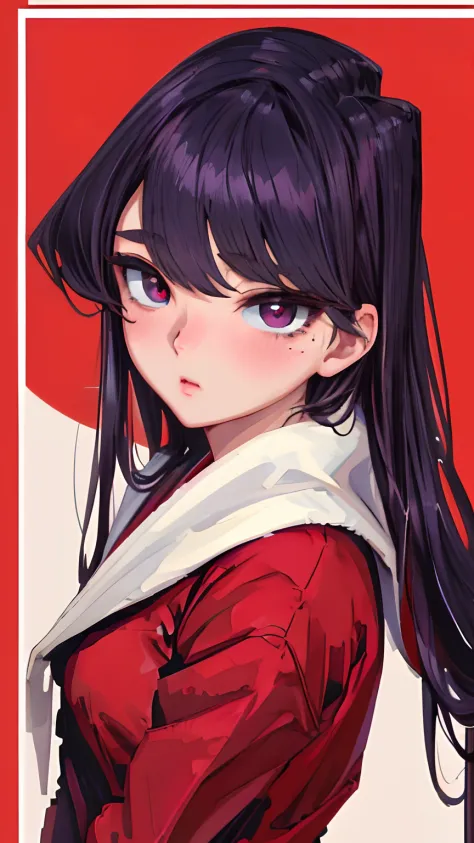 komi shouko,pixal style ,(A white border around a dark red rectangular background：2.5)​，full bodyesbian，High detail,Moles under eyes, Heart-shaped pupils，Love pupils，Fleshy thighs,highly rendered，detailed face with