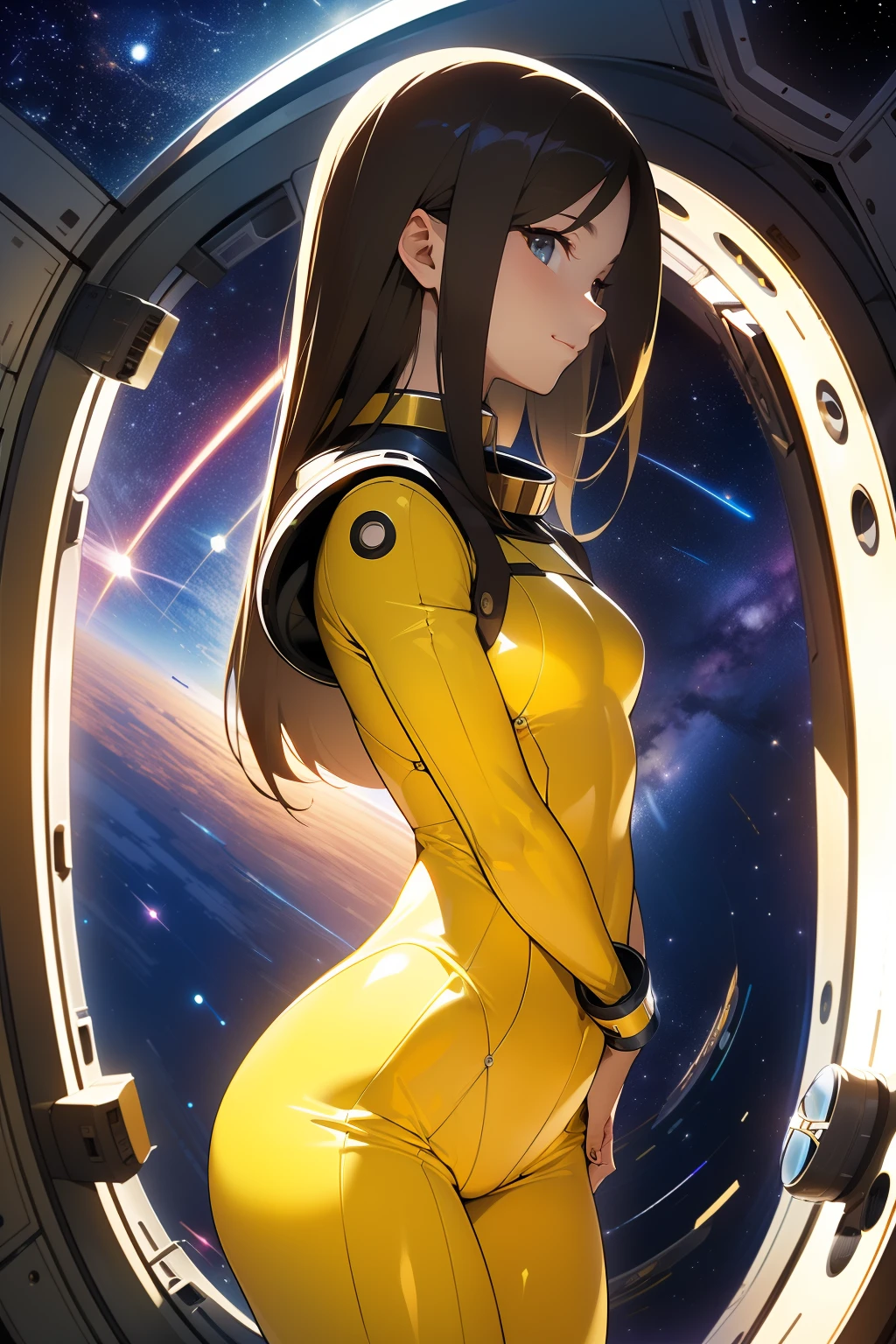 (masterpiece, best quality:1.2), (cowboy shot:1.1), solo, 1girl, mori yuki, slight smile, closed mouth, from side, turned to look at viewer, blonde hair, thigh gap, yellow bodysuit, yellow-gold, skin-tight, perfect body, belt, large window, (starship porthole:1.3), sideview, (spread legs:1.3), (standing:1.1), thigh gap, perfect hands, bright starship interior, (outer space view:1.1), (orbital view:1.3), (night, stary sky:1.5), milky way