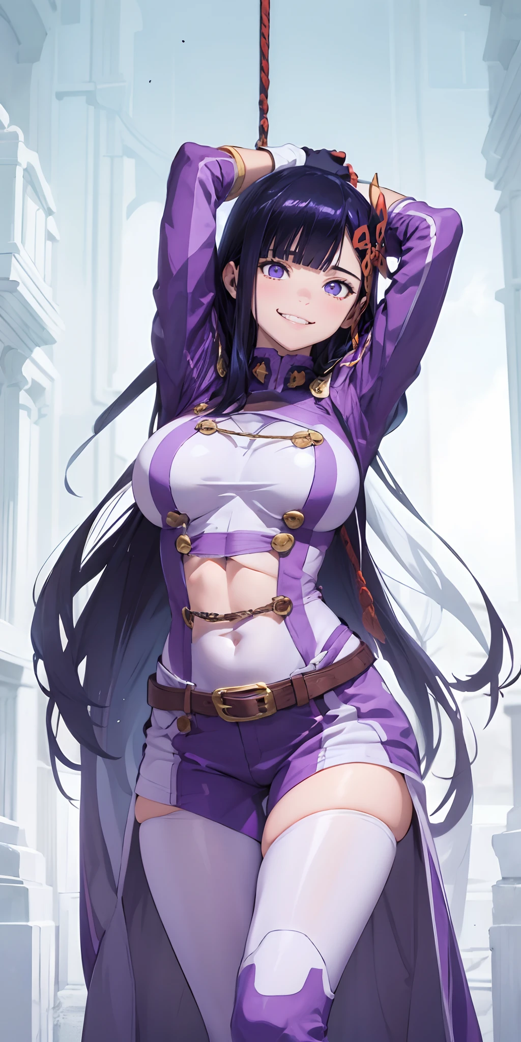 hair ornament,  long_hair, 1girl, gloves, breasts, long_hair, large_breasts, bodysuit, yellow_eyes, purple_hair, black_gloves, solo, very_long_hair, blush, belt, looking_at_viewer, bangs, arms_up, rope, weapon, sword, fingerless_gloves, covered_navel, smile