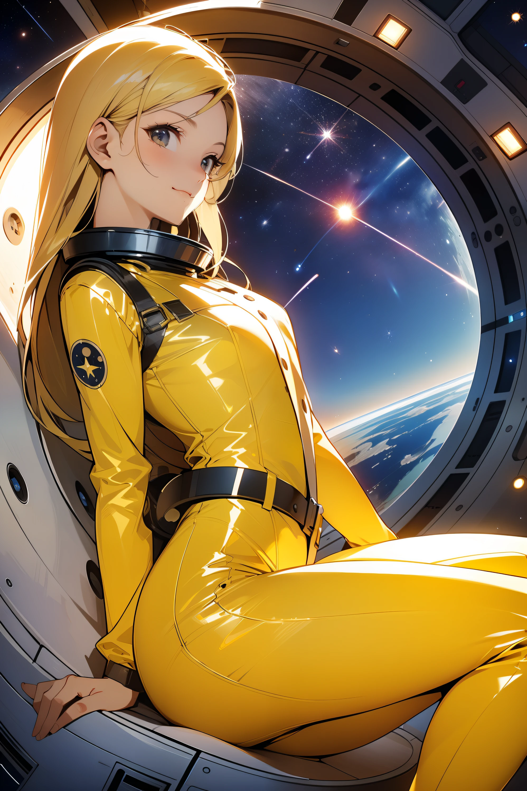 (masterpiece, best quality:1.2), (cowboy shot:1.1), solo, 1girl, mori yuki, slight smile, closed mouth, from side, turned to look at viewer, blonde hair, perfect thighs, yellow bodysuit, yellow-gold, skin-tight, perfect body, belt, large window, (starship porthole:1.3), sideview, (spread legs:1.3), (standing:1.1), nice thighs, perfect hands, bright starship interior, (outer space view:1.1), (orbital view:1.3), (night, stary sky:1.5), milky way