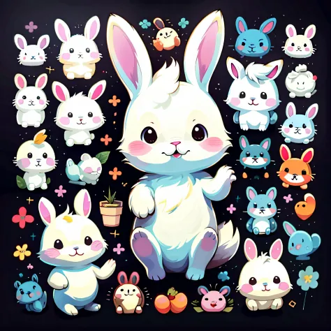 Una pegatina，Conejo adorable，Multiple expressions，simplemente fondo blanco，