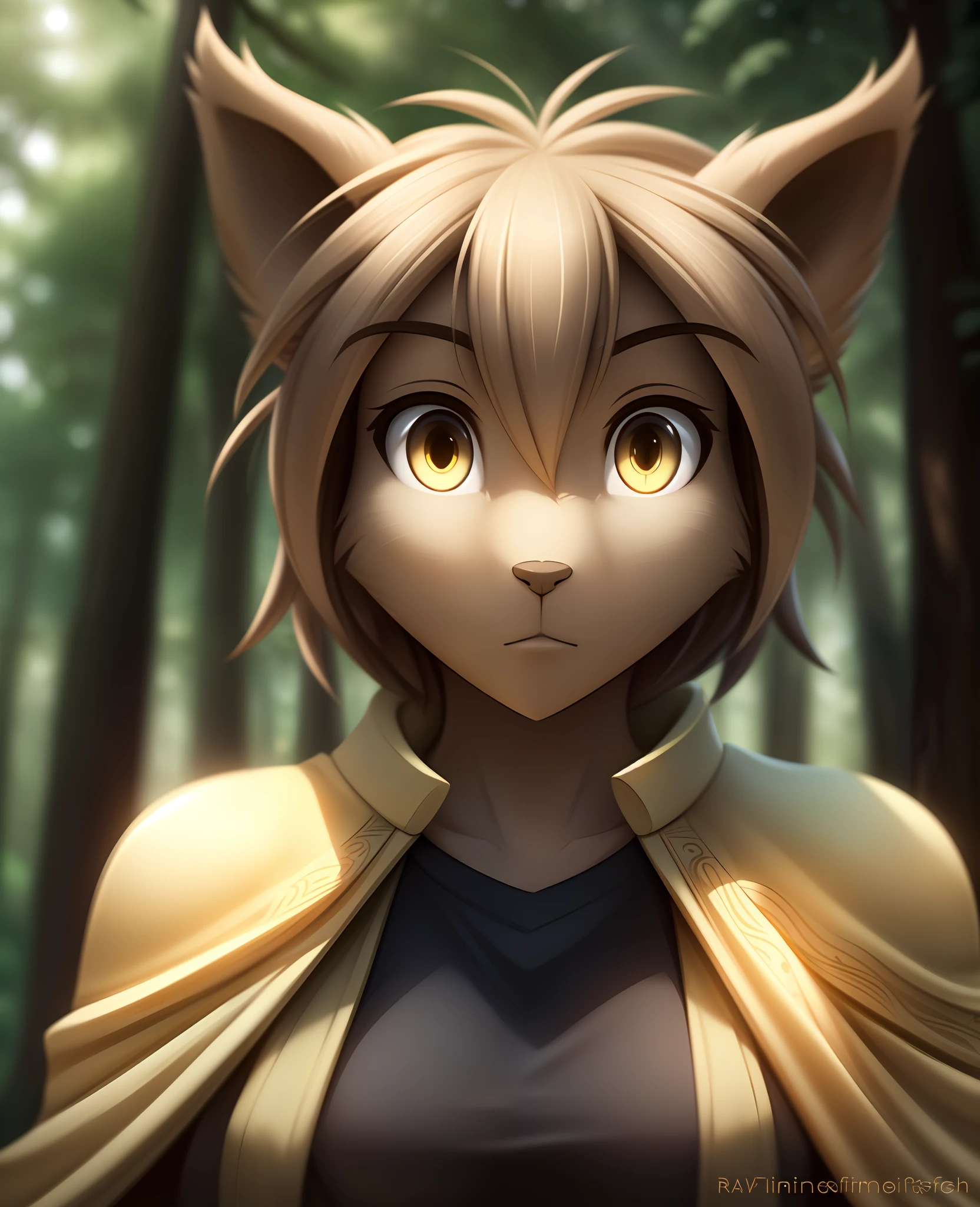 twokinds, tom_fischbach, webcomic_character, webcomic, comic, Madelyn , Madelyn Adelaide, (best quality, masterpiece:1), solo, furry female anthro, yellow eyes, short hair, light brown hair, portrait, finger claws, looking at viewer, tail, ear raised, (outdoors dark forest trees blurry blurred background:1.1), black shirt, yellow cape,, Break, ((Intricate, High detail, Film photography, Sharp focus, RAW candid cinema, Realistic, Photorealistic, analogue style, Subsurface scattering, Masterpiece, Best quality, Ultra photo realsisim, 8K))，