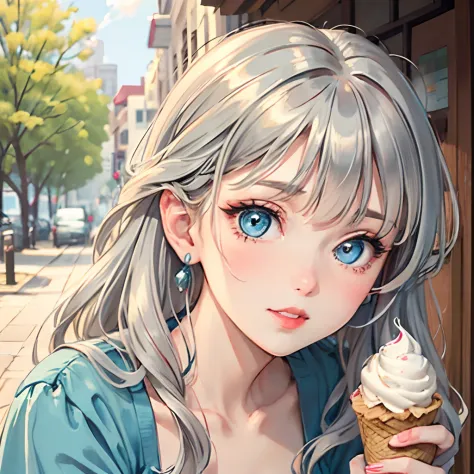 close-up of a person holding an ice cream cone, sweet girl, wavy silver-haired woman, bangs, light blue eyes, red lips, gentle g...