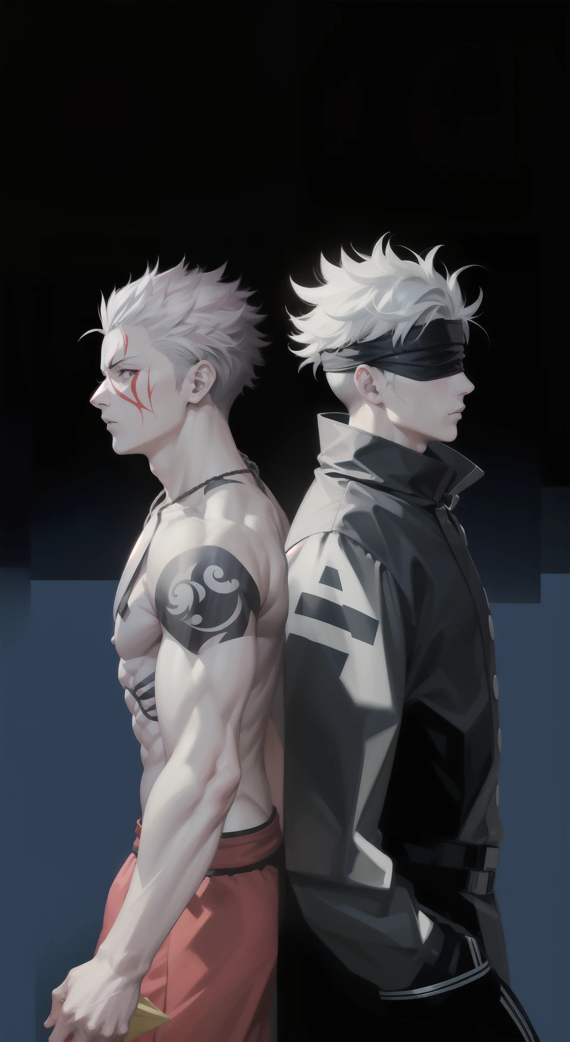 Two anime guys with white hair and red pants standing next to each other -  SeaArt AI