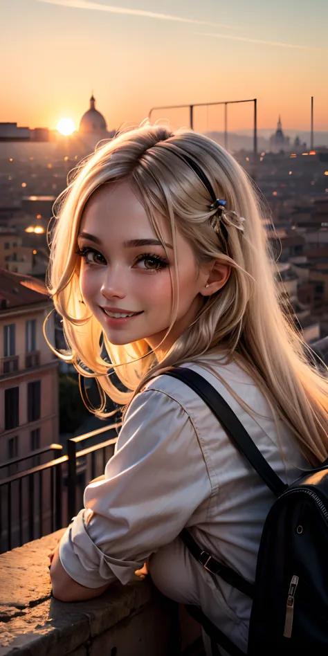 realisticlying、rome, Italy、Smiling female face seen from a small hill in the cityscape、The sunset is beautiful