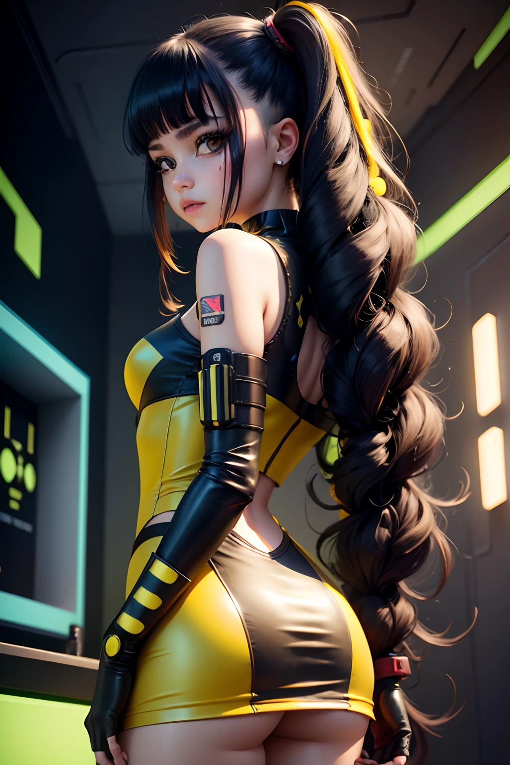 fille portant une robe cyberpunk jaune , à moitié futuriste, mélange de grosse tache de coccinelle, cheveux longs noirs