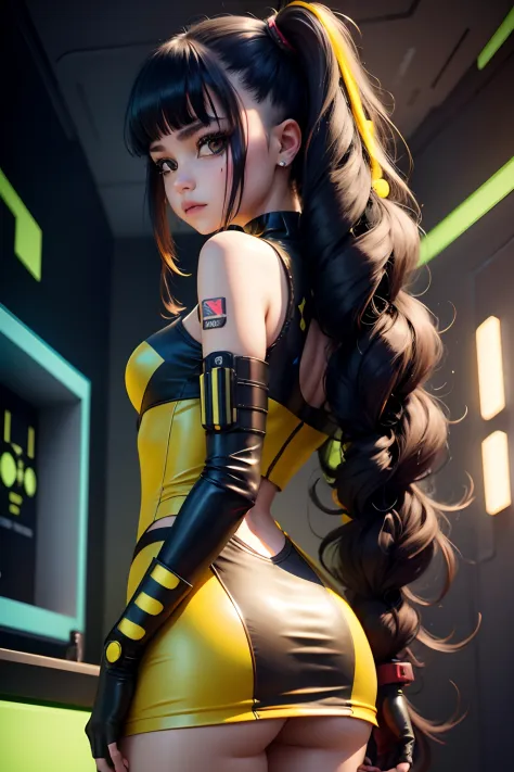 girl wearing yellow cyberpunk dress , half futuristic, mixed of big ladybug spot, black long hair