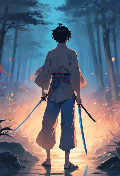 Draw a man with a sword in a hazy landscape, traditional japanese concept art, illustration concept art, A beautiful artwork illustration, dramatic concept art，Takesei，Chinese opera actor，Black hair and black eyes，