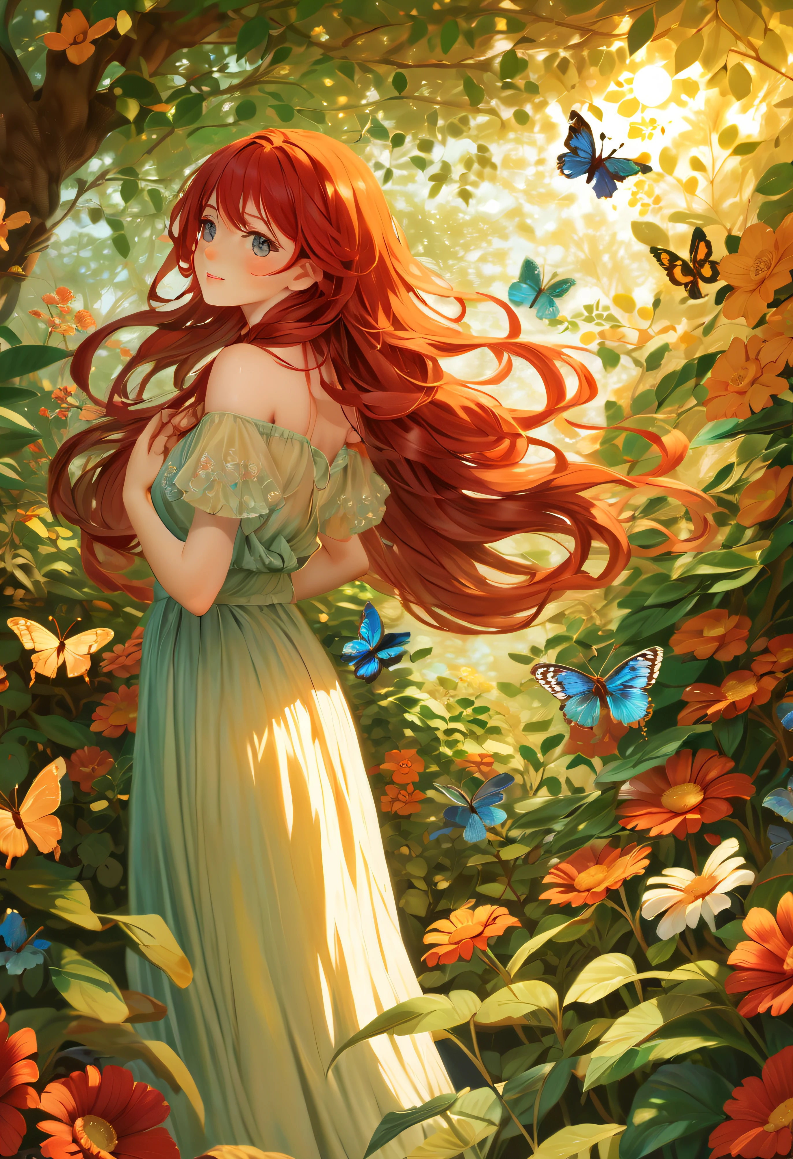 Uma menina com olhos verdes, staring into the distance, em um jardim vibrante. The girl has long flowing red hair cascading down her shoulders. She is wearing a floral dress that matches the colorful flowers in the garden. Around you there are butterflies flying around, adding a touch of enchantment to the scene. Sunlight filters through the branches of trees, casting beautiful rays of light on the girl and the flowers. The atmosphere is peaceful and serene, creating a sense of peace and harmony. Art is created realistically, estilo fotorrealista, with ultra-detailed features and vibrant colors. The painting has high resolution, with sharp focus and fine brush strokes, capturando cada detalhe intrincado. The overall shade of color is warm and inviting, com um toque de luz solar dourada. The lighting is soft and diffused, criando um ambiente suave e sonhador. Exudes a sense of beauty and tranquility, convidando o espectador a mergulhar na beleza delicada da cena. (melhor qualidade, Altas, ultra-detalhado, Realistic, fotorrealista:1.37), belos olhos detalhados, long flowing red hair, Jardim vibrante, vestido floral, Borboletas, sunlight filtering through tree branches, atmosfera tranquila e serena, (sensual pose), (nsfw)