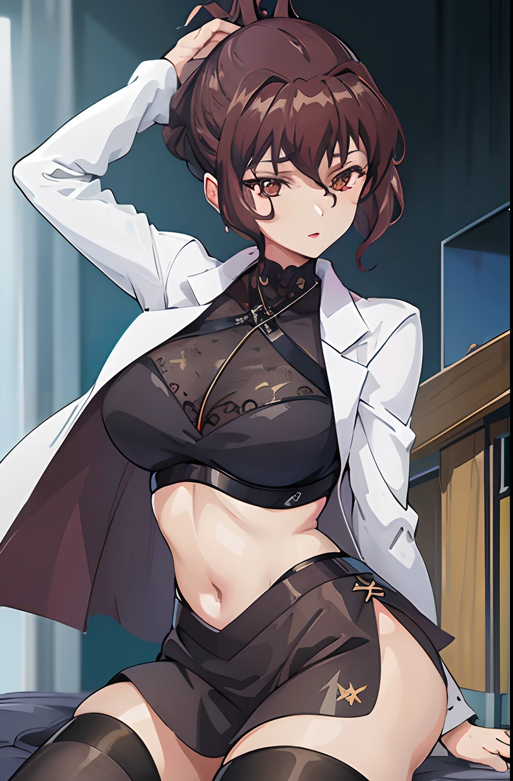 (masterpiece, The best quality:1.4), high sharpness, Aiko Katsuragi, mature female, (Full body shot:1.05) milf, curve, 1girl, anime face, sitting on the chair, tennis suit, mini skirt, (thighsjumps:1.05), make-up, big breasts, lipstick, brown eyes, folded ponytail, brown hair, neckline, perfect body, (athletic body:1.1), Perfect eyes, anime eyes, smoky eyeliner, eyeshadow, perfect face, smiling, sharp focus, medical room, Professional Illustrations, intricate details, vivid colors, fuzzy lighting, digital mixing, ultra detailed body, Ultra detailed hair, Ultra detailed face, Trends on Pixiv,