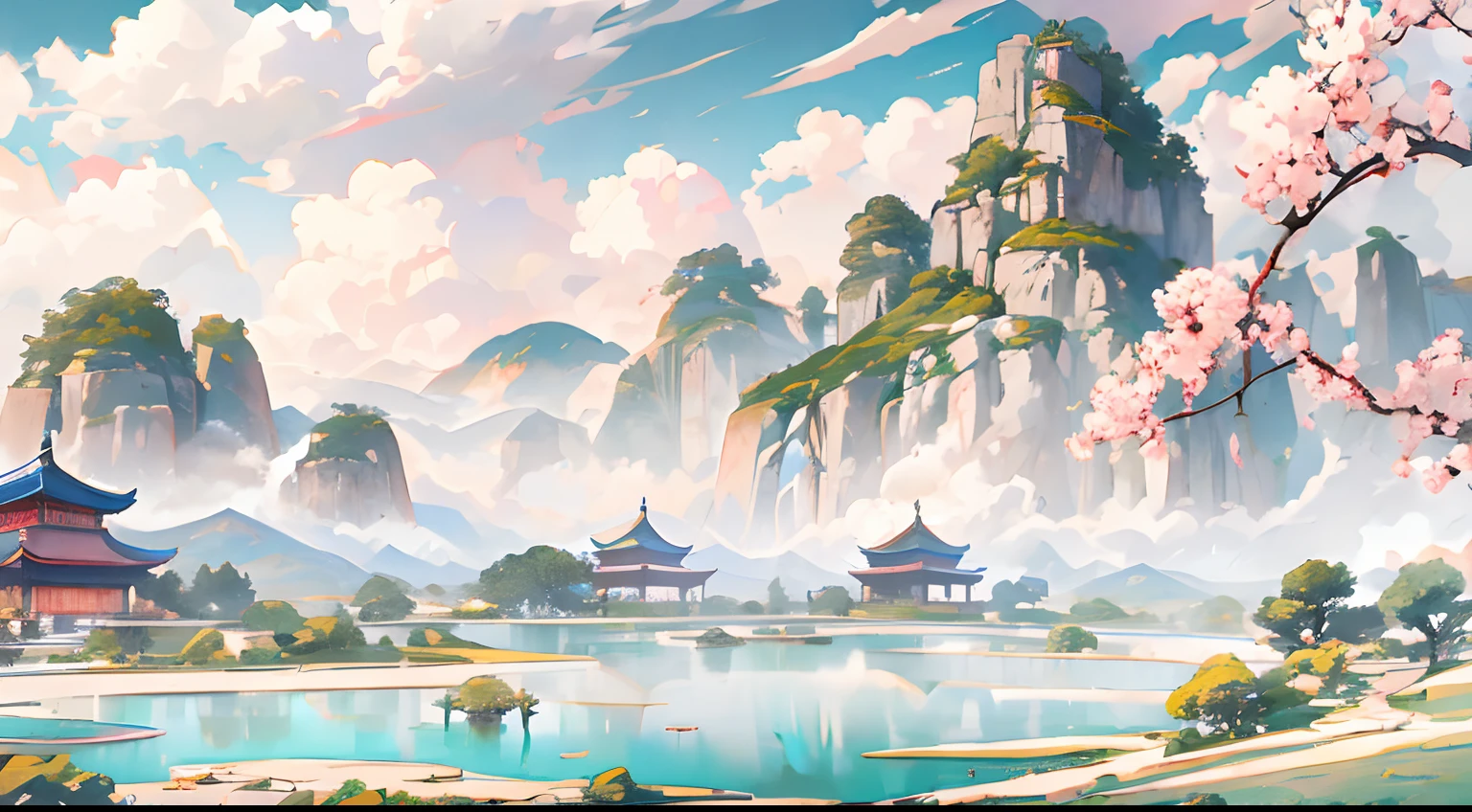Yaochi Event，旅行，各種神仙，遠景是山峰和雲彩，中間是瑤池，前景是很多神仙，中国人，古風，東方世界，桃林