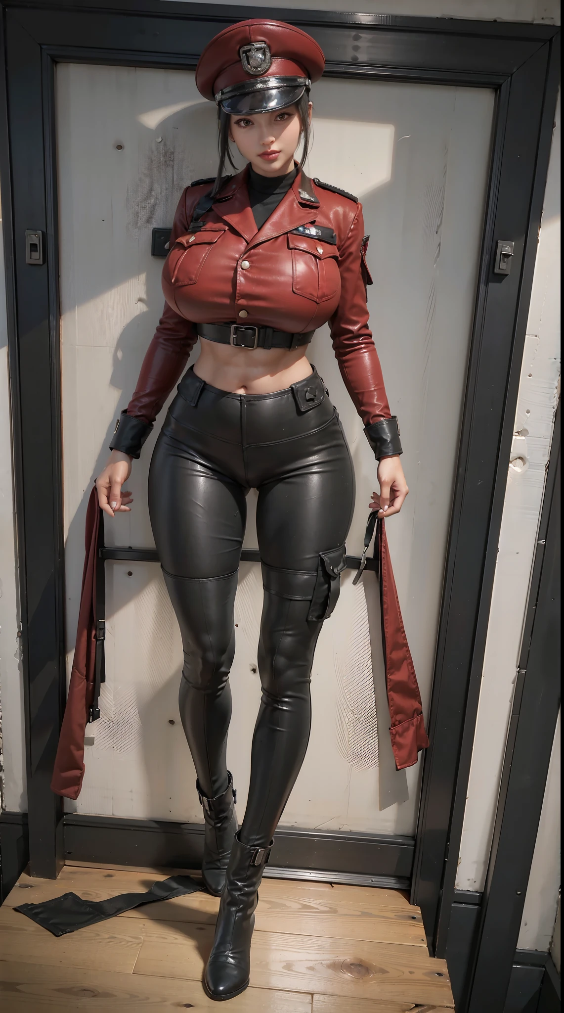 physically-based rendering, 1girl, Female soldier, (huge fake breasts:1.2), sexy muscular body, slim waist, big buttocks, (Full body:1.3), skintight army crop top, skintight army pants, (wearing open Red military uniform).