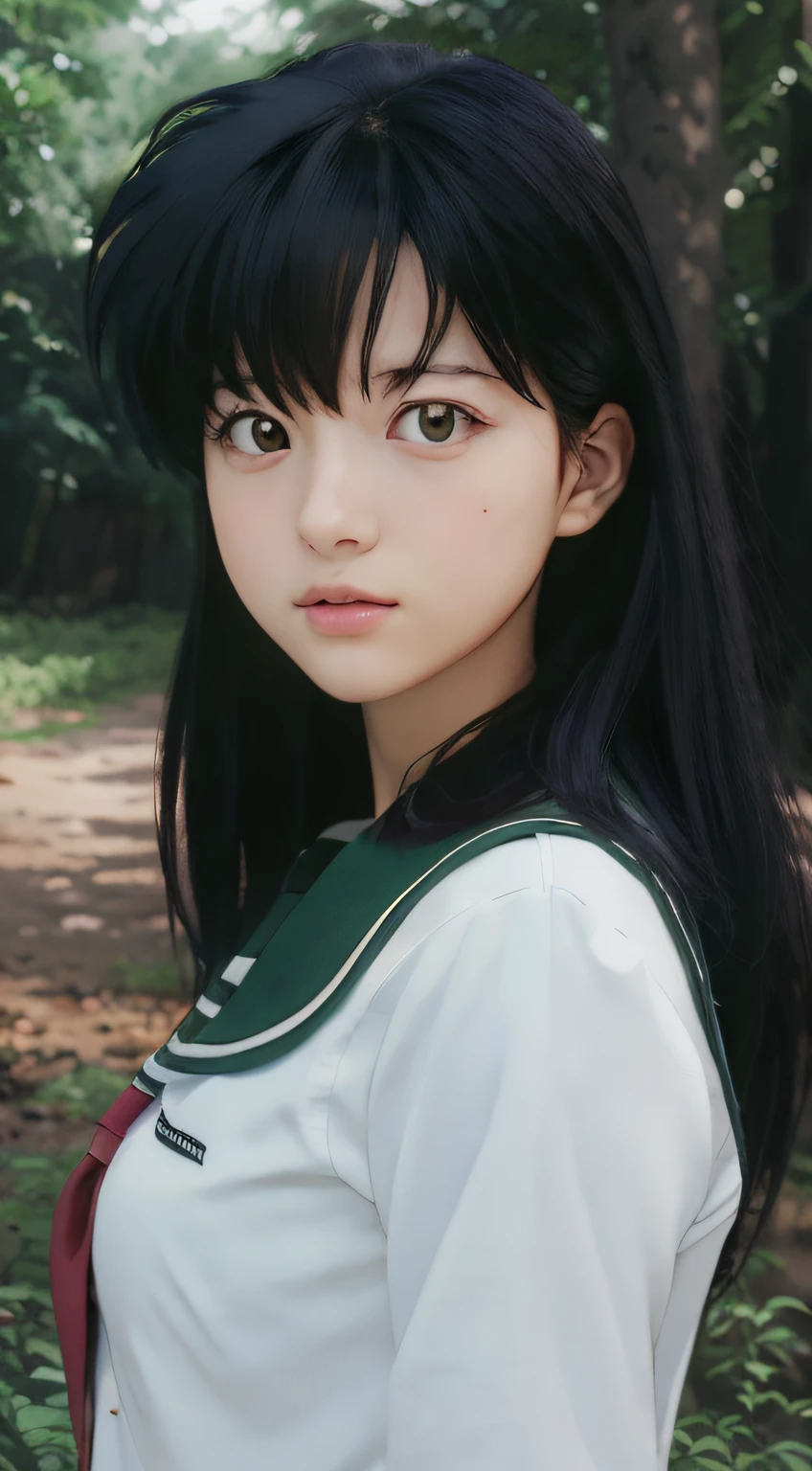 (masterpiece, best quality, ultra-detailed, highres, best illustration), perfect face, side lighting, close photo of Kagome Higurashi, school uniform, (Forest and tree background:1.1), 90 photo filter, 90 style