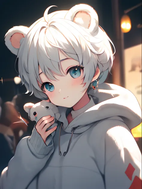 Cute girl with white hair with bear ears，Wear pink，white backgrounid，Q version