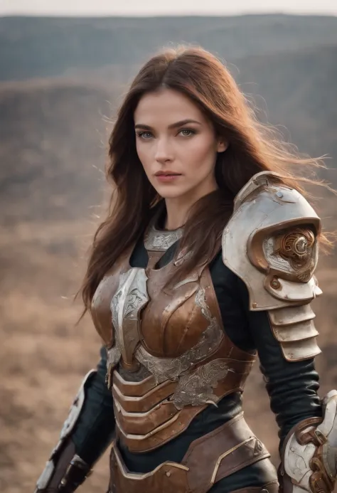 beautiful european woman，Mecha armor，locomotive，musculous，Long brown hair，Beautiful face，Wasteland wind