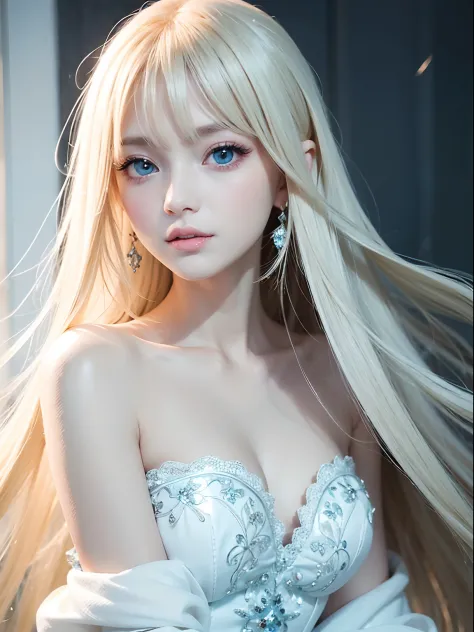 Beautiful cute face girl、Very beautiful blonde hair、Super long silky straight hair with dazzling shine、Beautiful long bangs、Beau...