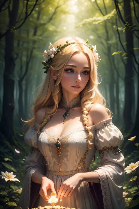 Imagine an enchanting lady with radiant blonde hair in a fantasy forest, her hair adorned with delicate, luminescent flowers, cr...