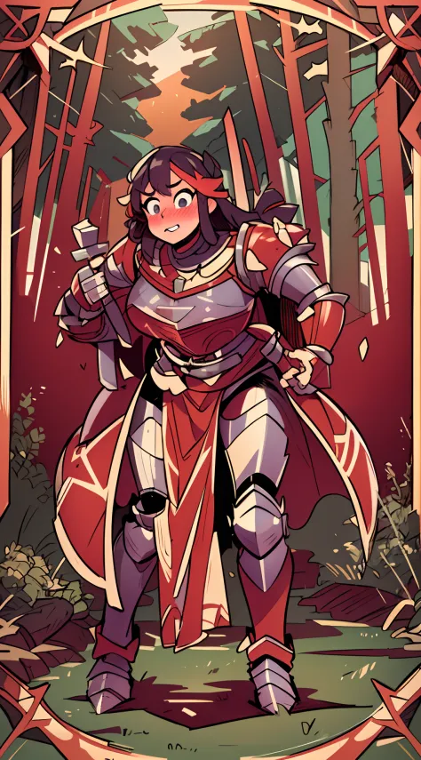 Heavy knight armor, bulky knight armor, heavily armored, bulky armored suit, body encased in knight armor, looking at viewer blushing, flustered and confused, Warhammer-stylearmor