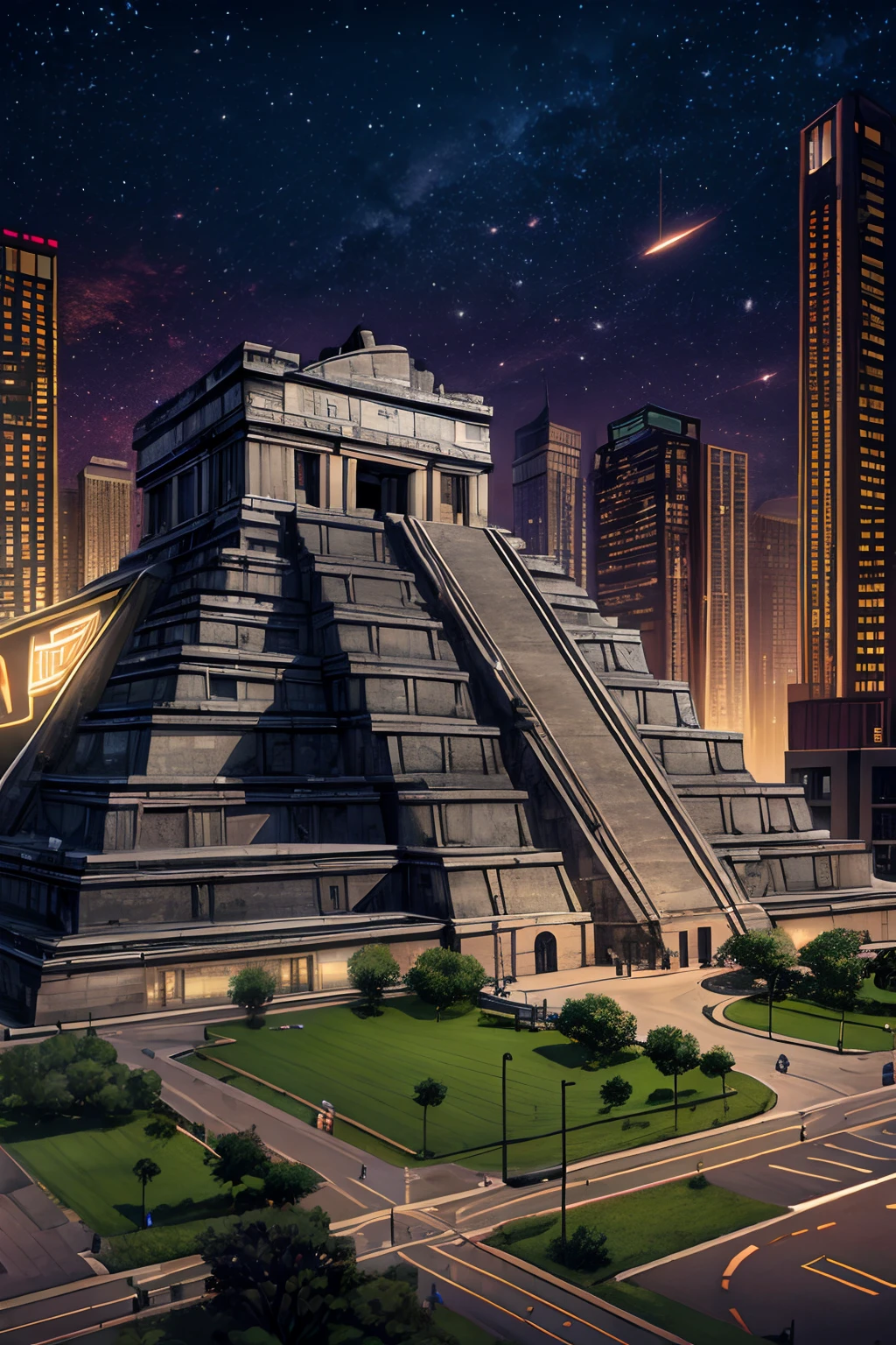 High quality Photo of Ancient mayan (temple) in the center of a (futuristic American city) at night, dramatic, low angle shot, high resolution, 8k, high saturation