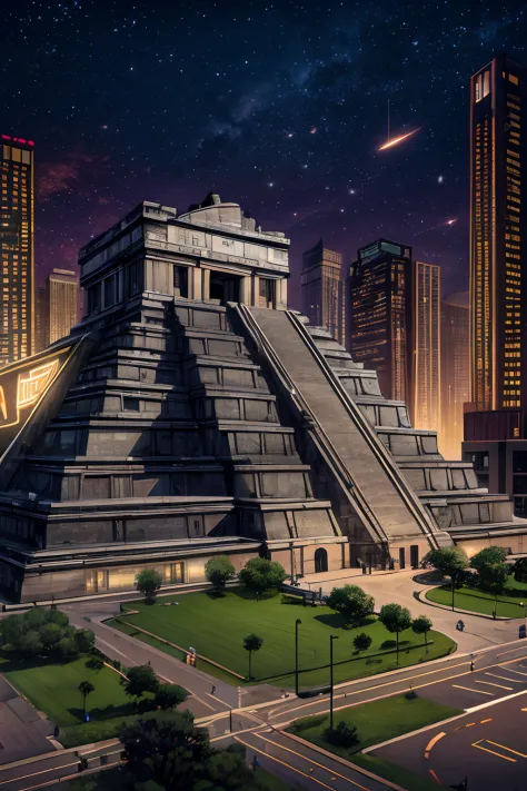High quality Photo of Ancient mayan (temple) in the center of a (futuristic American city) at night, dramatic, low angle shot, h...