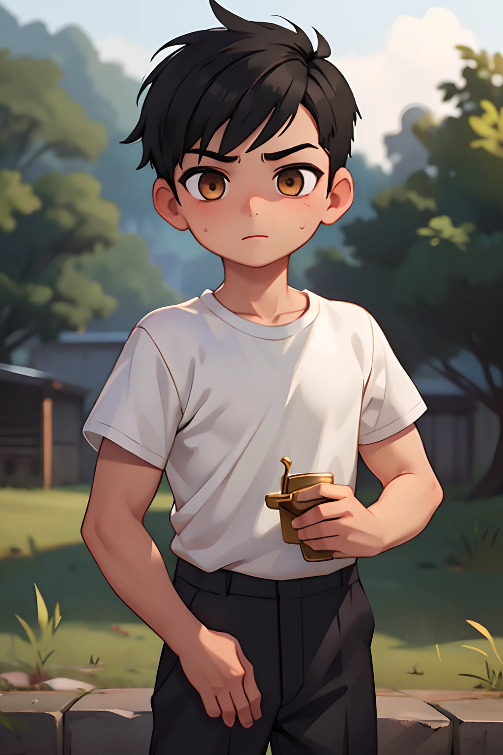 masterpiece,  1boy,  young,  handsome,  black hair,  undercut hair,  perfect face,  detailed eyes and face,  gold eyes, shy expression,  white shirt,  clean shaved,  muscular,  capturing a rural atmosphere,  dynamic lighting