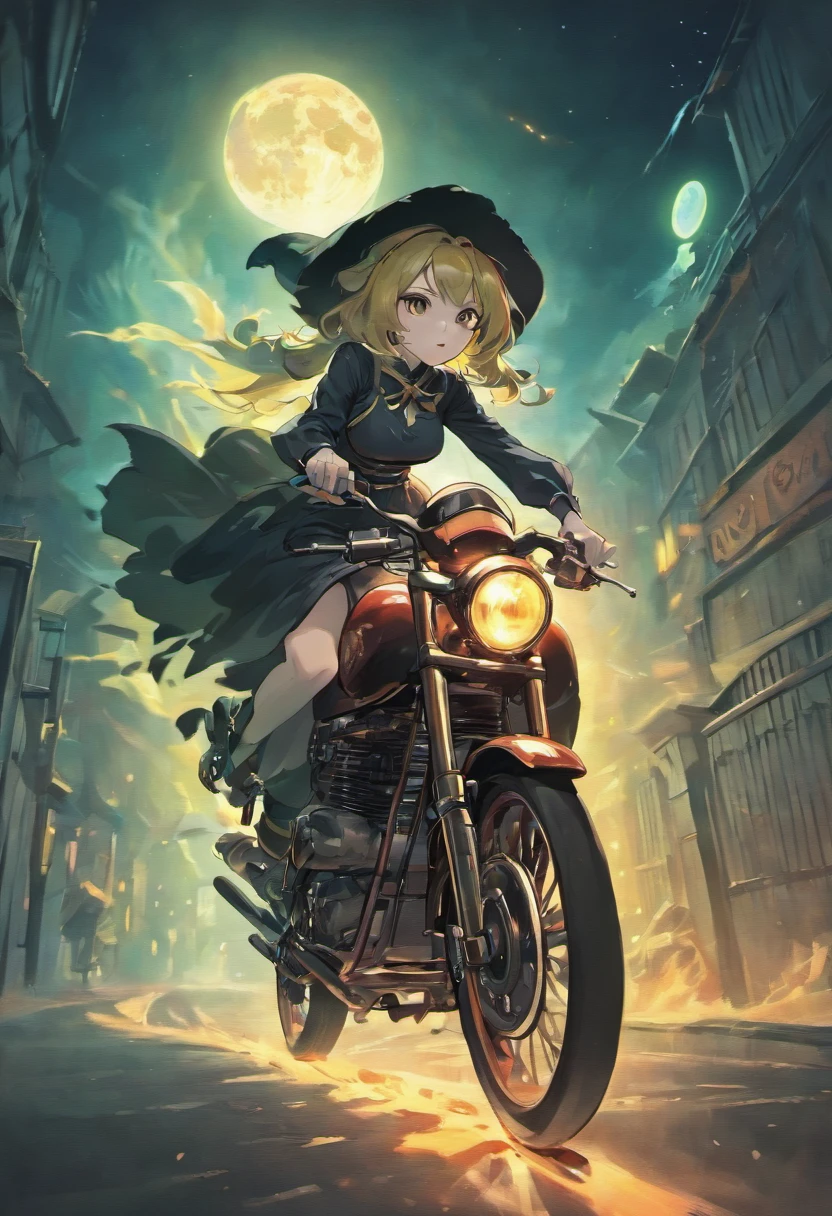 A woman riding a motorcycle down a street next to a building - SeaArt AI