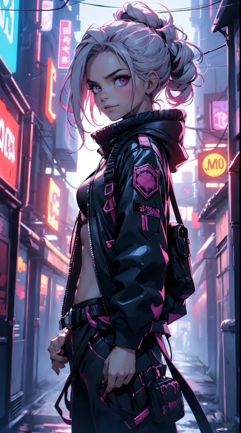 Hermosa mujer, cabello rosado, cabello puntiagudo, ojos rosados, Cola de hadas, Calles cyberpunk en, Estilo cyberpunk, Traje bla...