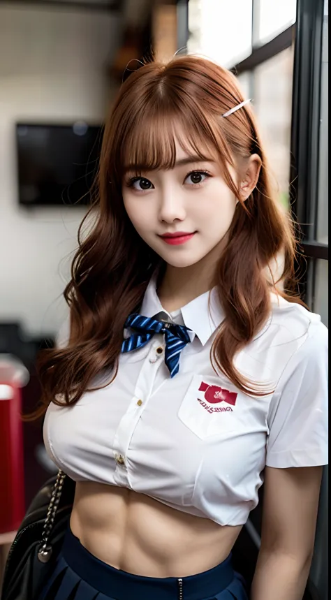 A photorealistic of a beautiful school girl, 18 years old, wearing tight uniform, redhead shortbob hair, tattoo, cute face look, huge boobs, abs, slim fit body,