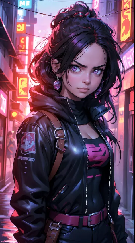 Hermosa mujer, cabello rosado, cabello puntiagudo, ojos rosados, Cola de hadas, Calles cyberpunk en, Estilo cyberpunk,(minifalda...