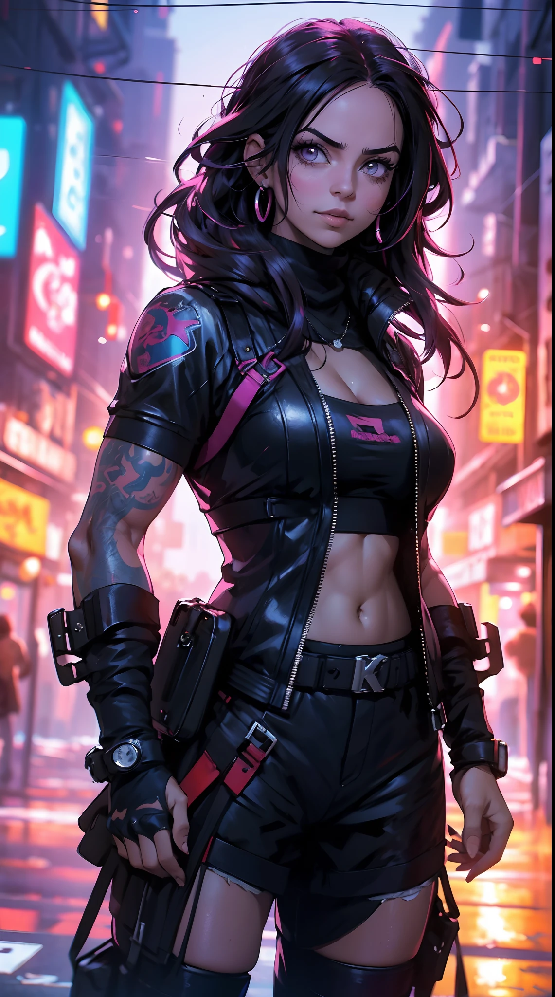 Beautiful woman, pink hair, spiky hair, pink eyes, Fairy Tail, cyberpunk streets in, cyberpunk style,(mini skirt:1.4), pantimedias, Cyberpunk white suit, It has cyberpunk style, cyberpunk, cosplay completo, ultra HD quality, ((sharp face)), official art, handsome, adult male, 25 years old, walking down the street, evil smile, 1 ,