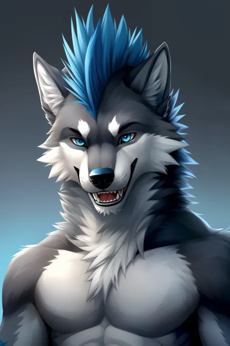wolf, anthropomorphic, furry, white fur primary, dark gray fur secondary, blue tipped wolf ears, Mohawk, blue tipped Mohawk, wolf head, messy fur, sharp teeth, smiling, detailed eyes, high definition art, light blue eyes