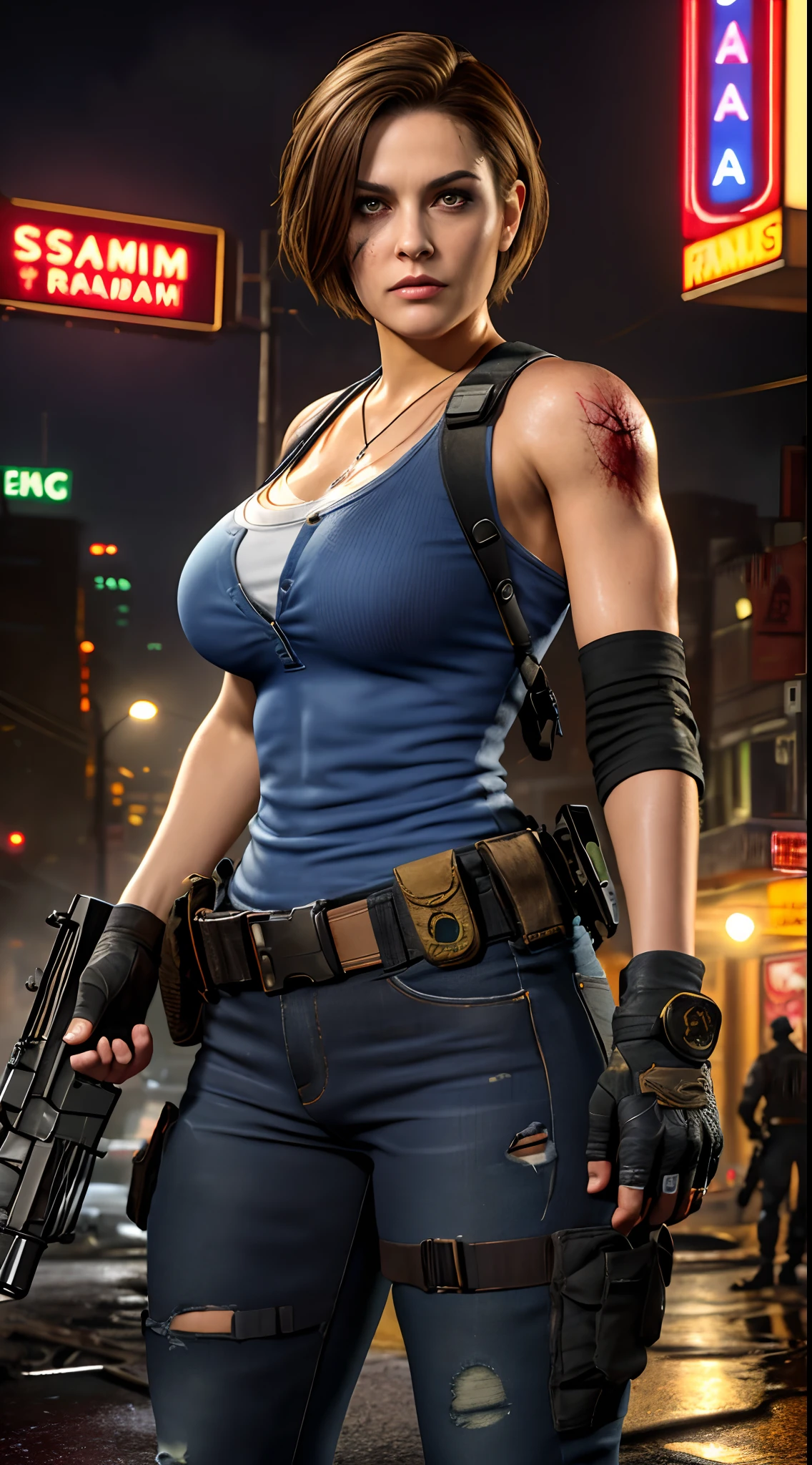 A woman in a blue top holding a gun in a city - SeaArt AI