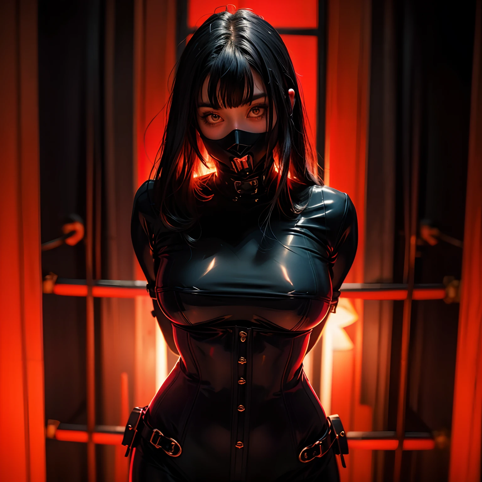 uma garota muito linda e muito magra, wearing a black lingerie with pantyhose and face mask latex. Dark room with only red neon lighting. Muitos detalhes, extremamente realista. Alta qualidade, 8k